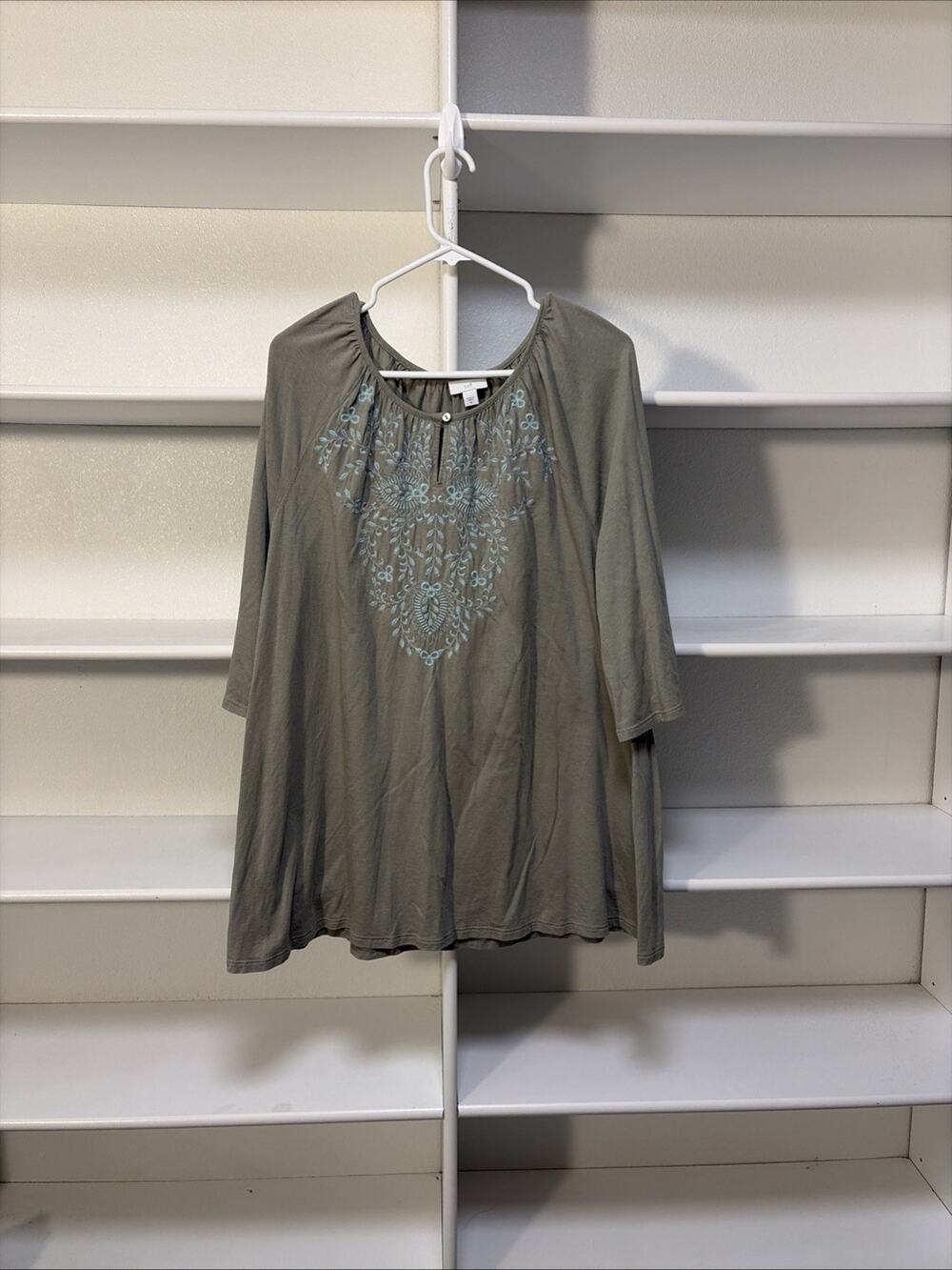 J. Jill Size XL Women Embroidered Boho Top Blouse Green Cotton Flowy Fall Festiv